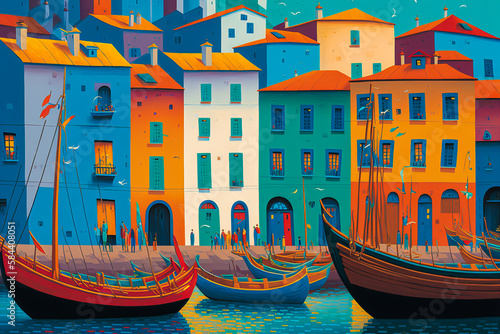 Lively harbor scene with colorful traditional fishing boats and ships. Bright colors to represent the energy and excitement of the port. Generative AI