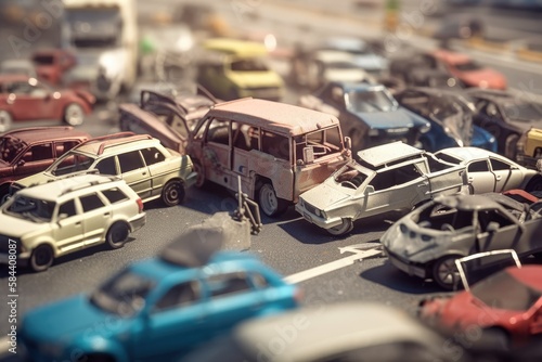 Damaged in heavy car accident vehicles after collision on city street crash site Generative AI