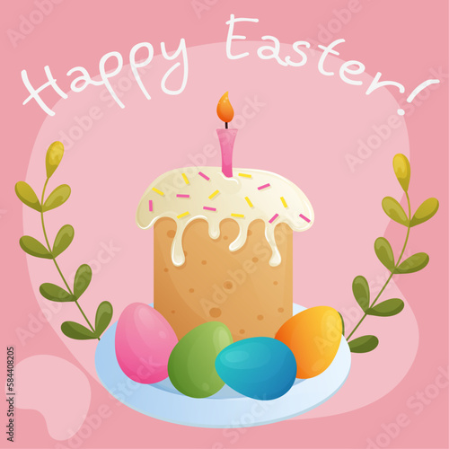 Easter traditional cake with candle, sprinkles, cream and decorations. Easter colorful eggs. Easter religious elements. Simple religious christian and catholic greeting card with lettering