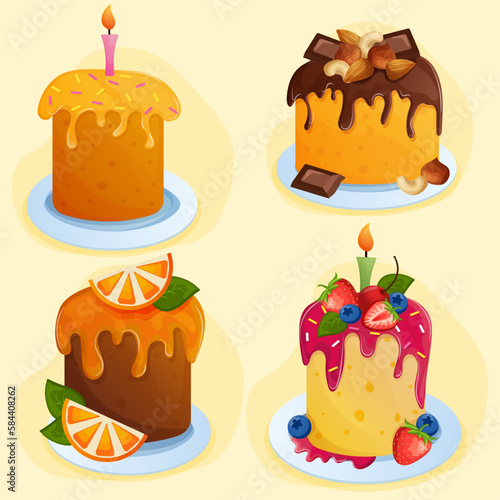 Set of Easter cakes on plates. Easter traditional pastries with candles, fruits, berries, sprinkles, chocolate, nuts. Different cupcakes for bake shop or pastry shop menu. Easter stickers