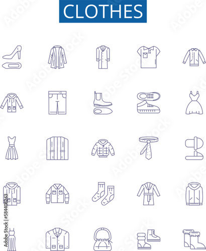 Clothes line icons signs set. Design collection of Garment, Outfit, Apparel, Clothing, Dress, Suit, Shawl, Skirt outline concept vector illustrations