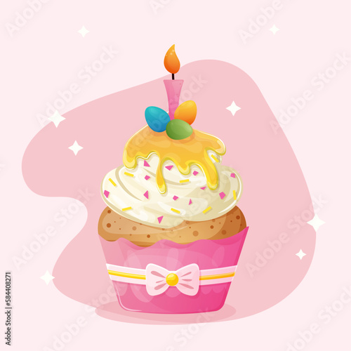 Easter traditional cupcake with candle, sprinkles, cream and decorations. Easter colorful eggs. Cute cartoon cupcake in a pink shape with a bow on a pink background. Easter religious elements