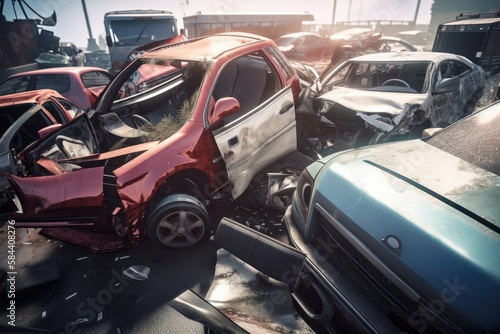 Damaged in heavy car accident vehicles after collision on city street crash site Generative AI © ChaoticMind