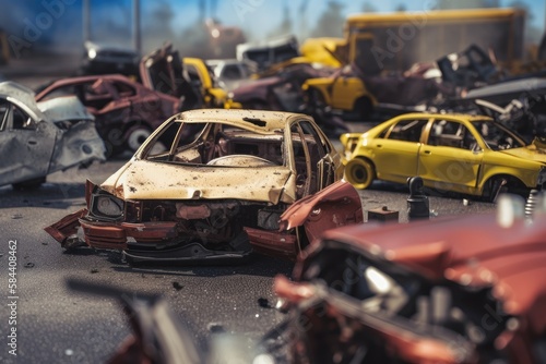 Damaged in heavy car accident vehicles after collision on city street crash site Generative AI