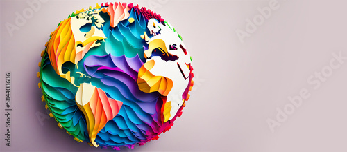 Fototapeta Naklejka Na Ścianę i Meble -  Earth day world map paper art horizontal banner with copy space on pastel pink background. Generative AI illustration