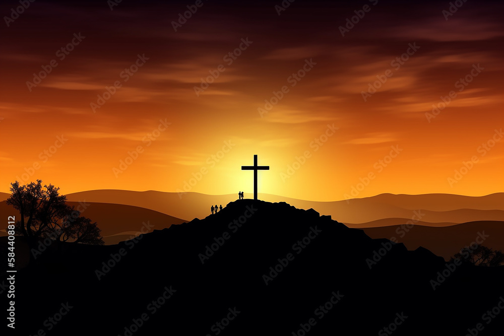 Illustration of good friday background with cross silhouette on golden sunset sky. Generative AI