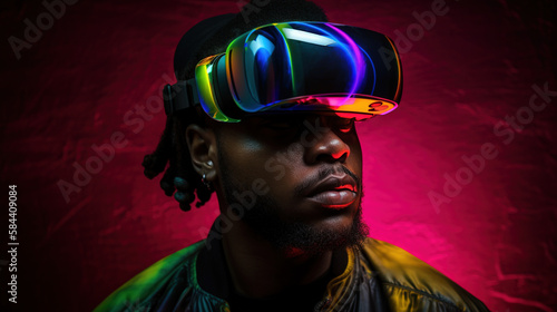 Portrait of African-American man wearing virtual reality headset. Vivid colors neon glowing HMD generative ai © Roman
