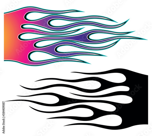 Tribal fire flame race car body side vinyl sticker vector eps art image file. Burning tires and flames sport car decal. Side speed decoration for cars, auto, truck, boat, suv, motorcycle.