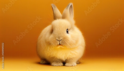Cute fluffy easter bunny on yellow background
