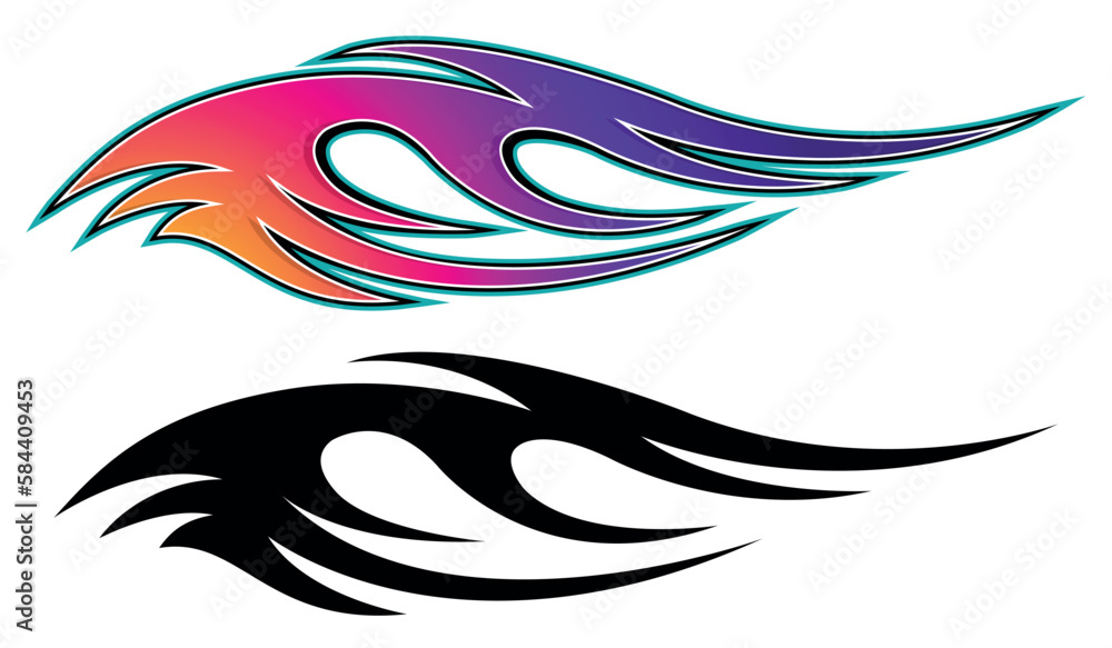 Naklejka premium Burning tires and flame sports car decal vinyl sticker. Racing car speed fire flames vector art graphic. Side decoration for car, auto, truck, boat, suv, motorcycle.