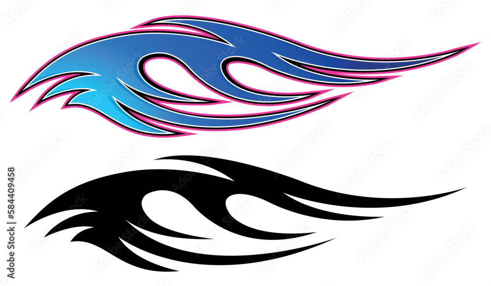 Abstract tribal fire flame electric race car body side vinyl sticker vector eps art image file. Burning tires and flames sport car decal. Abstract tribal fire flame electric race car body side vinyl sticker vector eps art image file. Burning tires and flames sport car decal.
