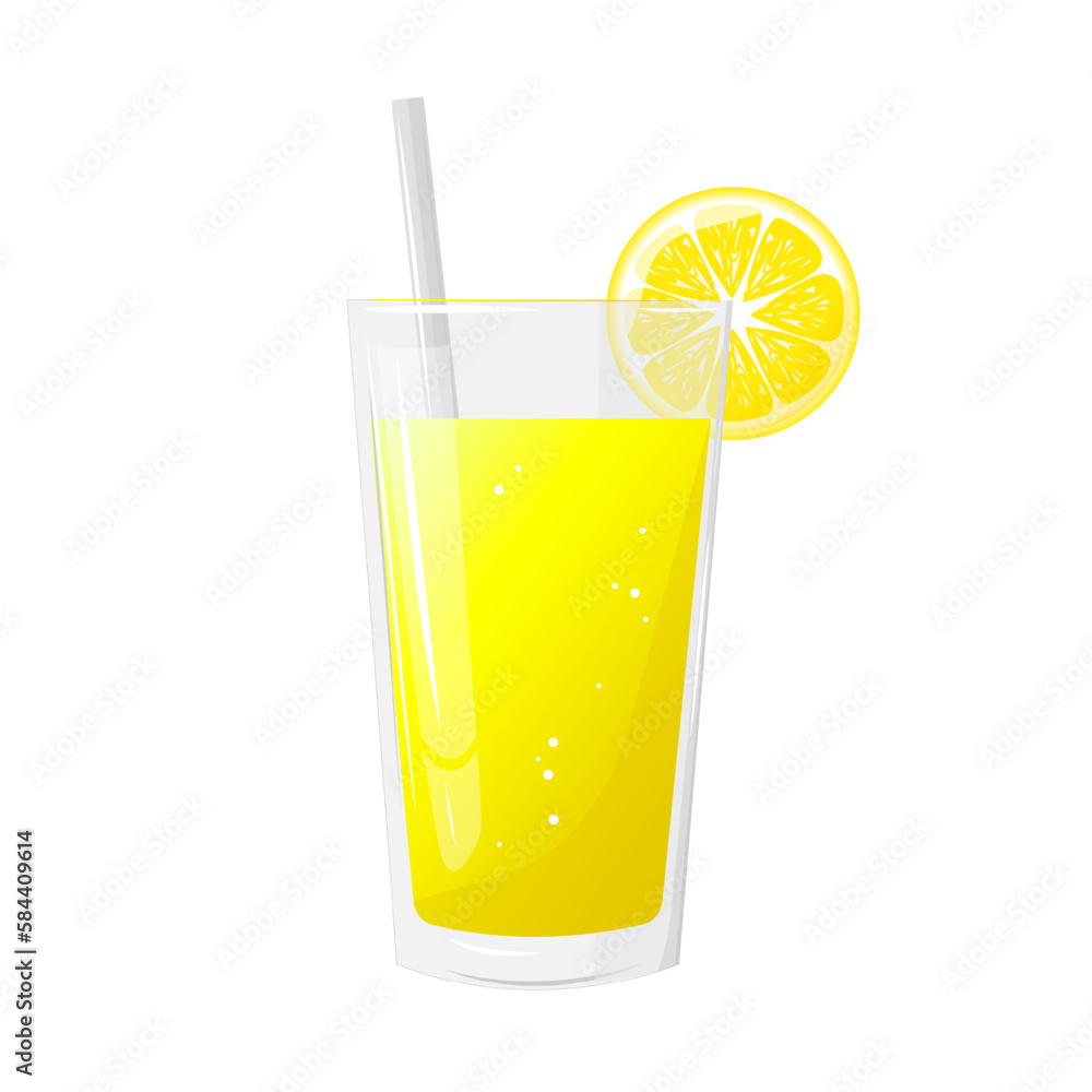 A glass of lemon juice, and a slice of lemon. Natural fresh squeezed juice. Healthy diet. The design concept of a web page,advertising,cafe,menu. Vector illustration A glass of lemon juice, and a slice of lemon. Natural fresh squeezed juice. Healthy diet. The design concept of a web page,advertising,cafe,menu. Vector illustration