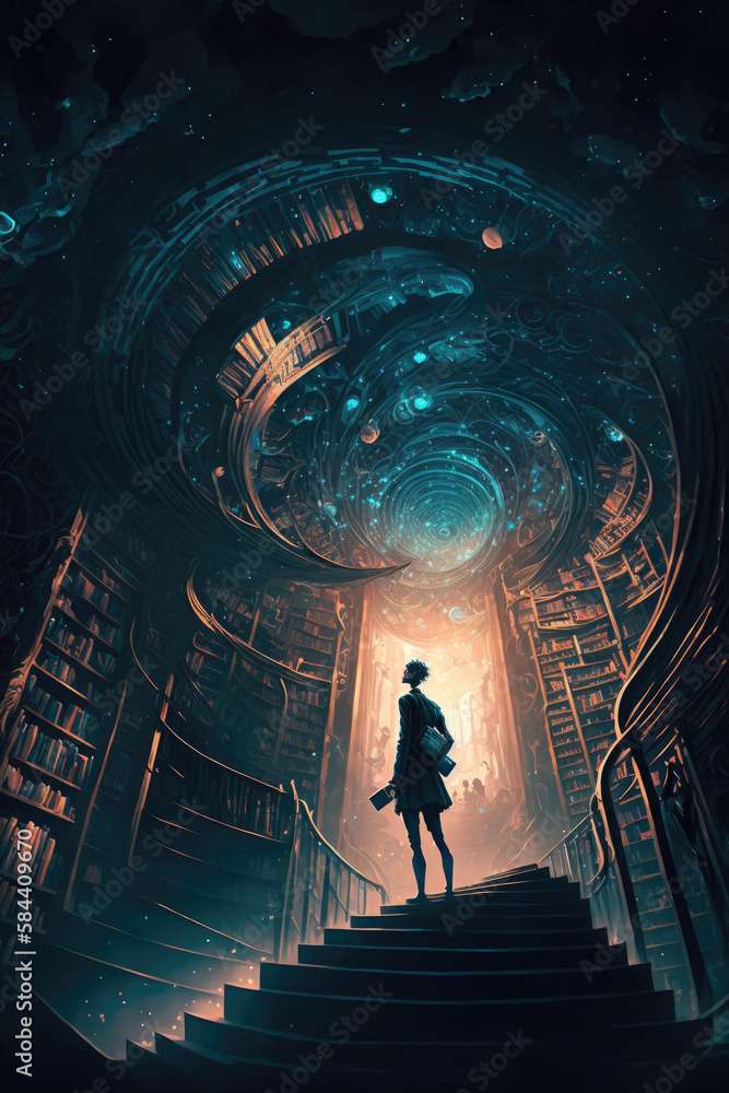 Man on stairs in dark endless library - fantasy books maelstrom, education and wisdom, swirl, magic and mystic world ,made with Generative AI Man on stairs in dark endless library - fantasy books maelstrom, education and wisdom, swirl, magic and mystic world ,made with Generative AI