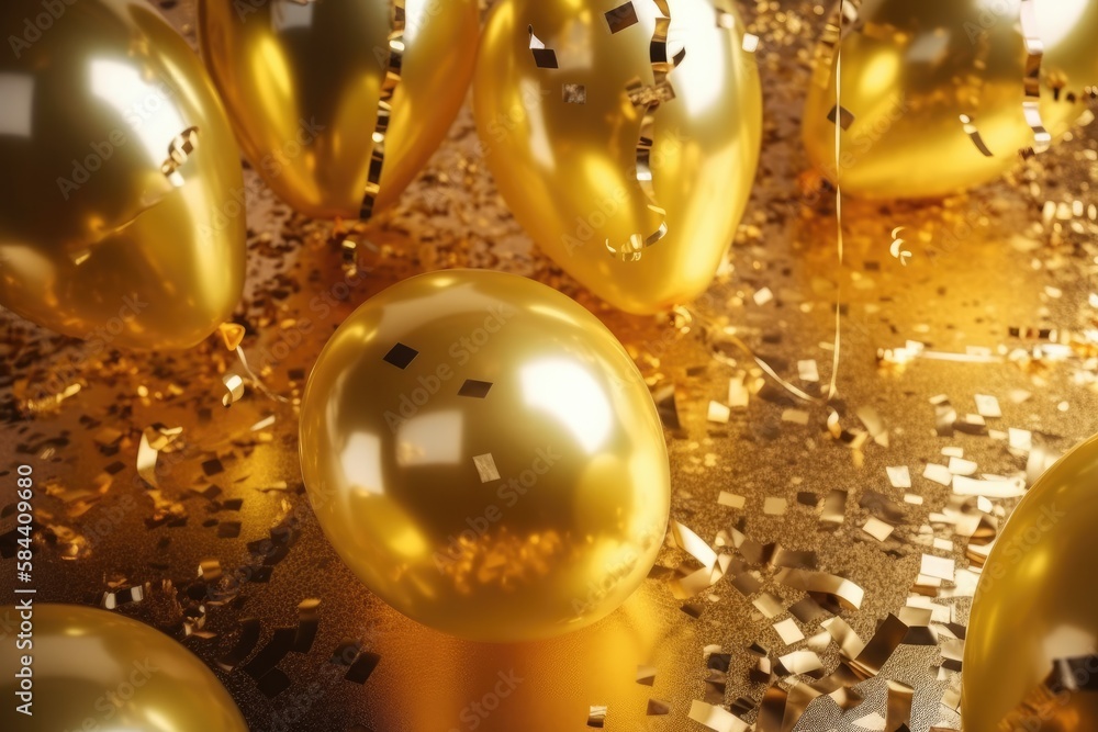 Celebration party banner with golden balloons and serpentine Generative AI Celebration party banner with golden balloons and serpentine Generative AI