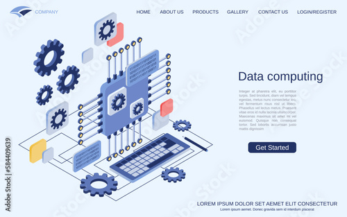 Data computing, information processing modern 3d isometric vector concept illustration. Cartoon CPU icon