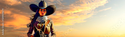 Beautiful cowgirl woman riding before a western sunset. Background illustration, generative ai, generative, ai