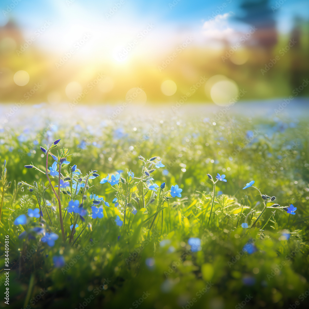 Blue tiny flowers on spring blooming meadow with flying butterflies. Banner of a fresh blooming forget-me-not in the sunshine. generative ai. Spring flower nature background Blue tiny flowers on spring blooming meadow with flying butterflies. Banner of a fresh blooming forget-me-not in the sunshine. generative ai. Spring flower nature background
