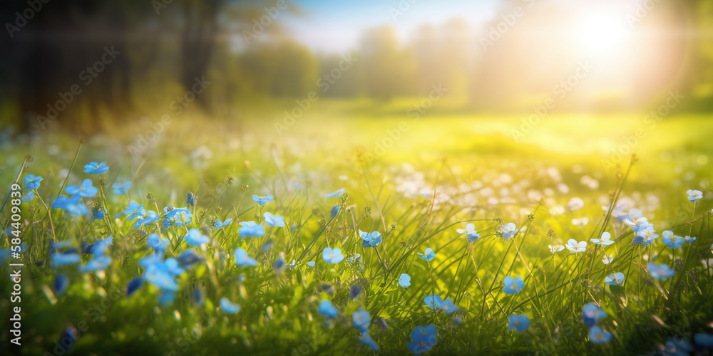 Fototapeta premium Blue tiny flowers on spring blooming meadow with flying butterflies. Banner of a fresh blooming forget-me-not in the sunshine. generative ai. Spring flower nature background