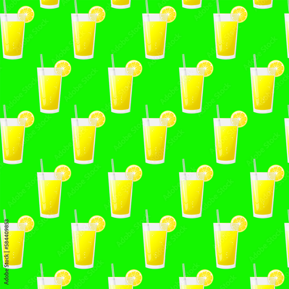 Seamless pattern a glass of lemon juice, and a slice of lemon. For posters, logos, labels, banners, stickers, product packaging design, etc. Vector illustration Seamless pattern a glass of lemon juice, and a slice of lemon. For posters, logos, labels, banners, stickers, product packaging design, etc. Vector illustration
