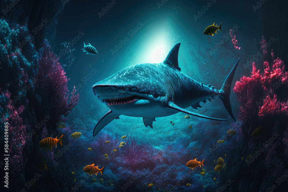 Great white shark hunting for a prey in the ocean ,made with Generative