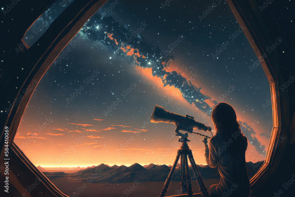 Lone adventurer discovering alien world with big telescope ,made with Generative AI