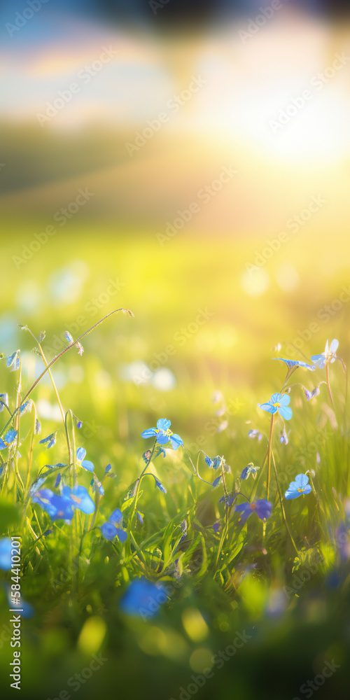 Blue tiny flowers on spring blooming meadow with flying butterflies. Banner of a fresh blooming forget-me-not in the sunshine. generative ai. Spring flower nature background Blue tiny flowers on spring blooming meadow with flying butterflies. Banner of a fresh blooming forget-me-not in the sunshine. generative ai. Spring flower nature background