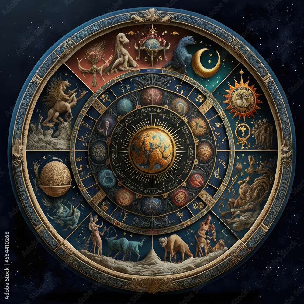 Zodiac fantasy, signs with stars and planets, gold on dark background, made with generative AI