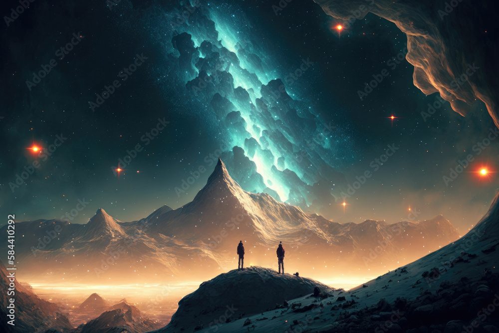 Adventurers discovering alien world with big moons ,made with Generative AI Adventurers discovering alien world with big moons ,made with Generative AI