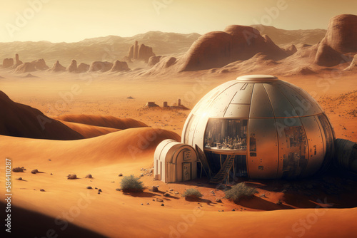 Human colony on mars futuristic concept of colonization planet mars ,made with Generative AI