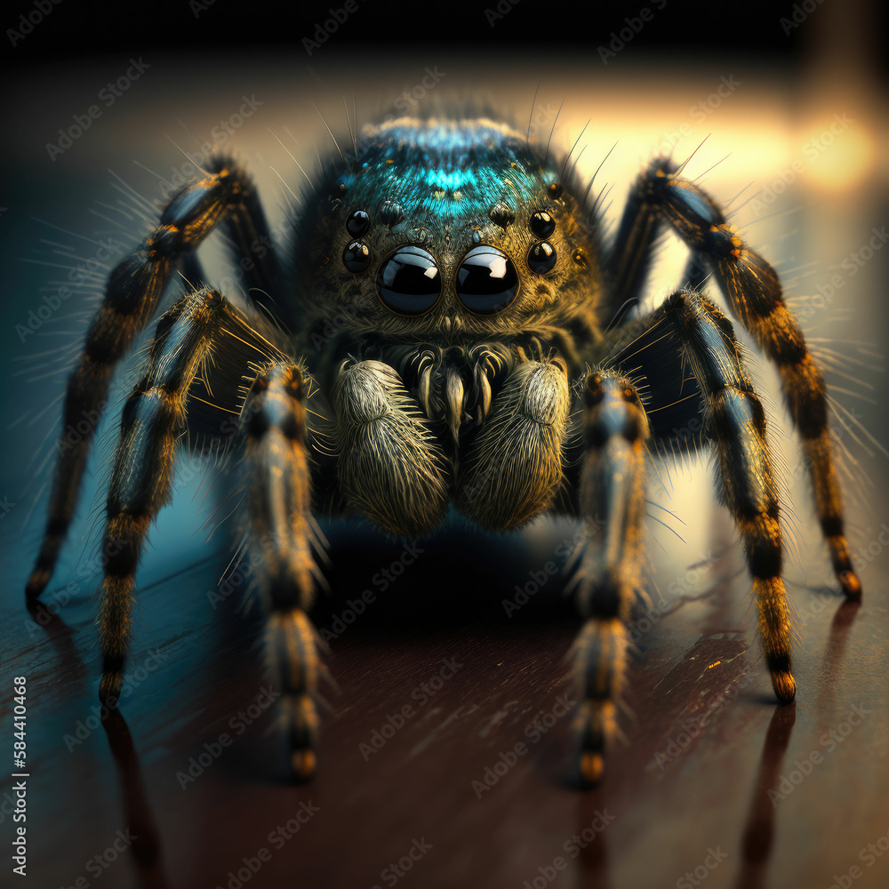 Extreme close-up shows a hairy, eight-eyed tarantula ,made with Generative AI Extreme close-up shows a hairy, eight-eyed tarantula ,made with Generative AI