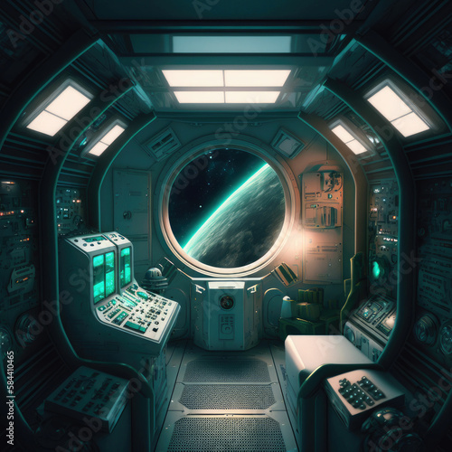 Fototapeta Naklejka Na Ścianę i Meble -  Futuristic spaceship cockpit interior. Future spacecraft control panels technology, space travel concept ,made with Generative AI