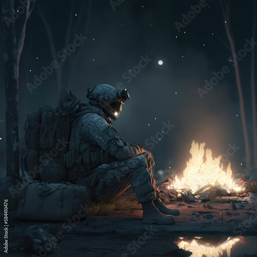 Brave special forces soldier at night with military equipment, not a real person, made with Generative AI © DNY3D
