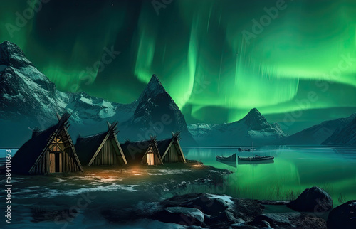 ai generative midjourney illustration of viking houses in a viking landscape by water with northern lights in the dark
