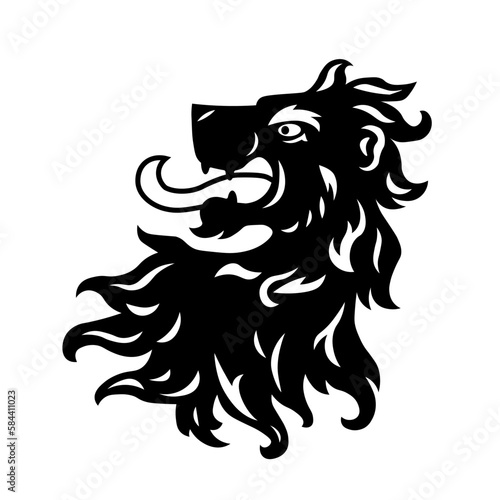 Heraldic lion head. Symbol, sign, line, icon, silhouette, tattoo. Isolated vector illustration. © Nina