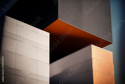 Meticulous detail and texture of a minimalist building enhanced by light and color, to pay homage to the architecture. Generative AI