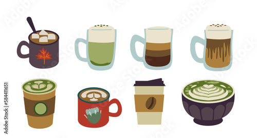 Vector isolated bundle of hot beverages. Coffee, Latte, Matcha latte, Hot chocolate, in different containers