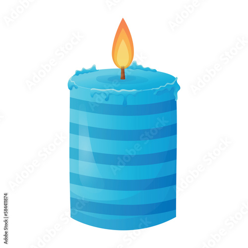 Festive striped blue wax candle with fire. Vector isolated cartoon illustration.