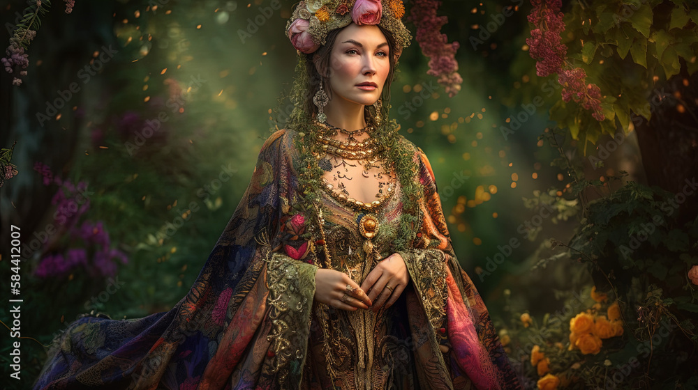 Shaman, goddess of Earth and Motherhood, deep connection to nature and earth, elder woman, beautiful. Generative AI.