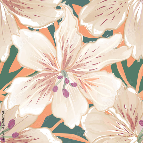 Floral seamless pattern with tropical flower. Branch with leaves drawing summer texture. Flourish nature summer garden watercolor textured background