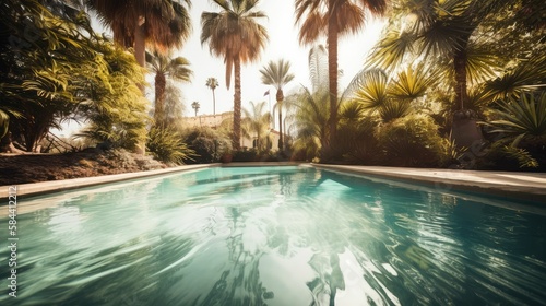 palm trees morning light and pool water  generative AI
