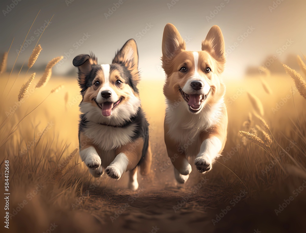 Cute Dogs Playing in the Field - Generative AI Cute Dogs Playing in the Field - Generative AI