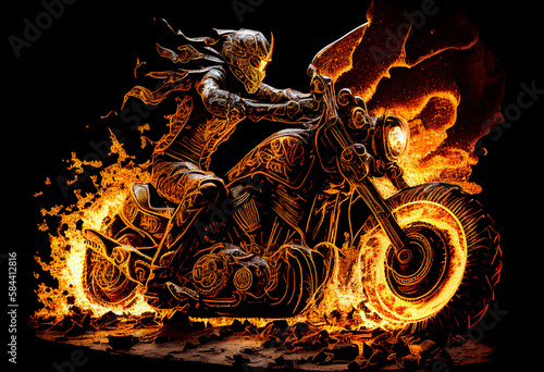 Watercolour abstract paintingof an off-road motorcyle and rider where the motorbike is driving through fire and flames at an extreme sport event, computer Generative AI stock illustration image photo