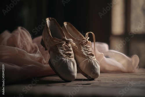 Close-up of ballet shoes on stage. AI generated