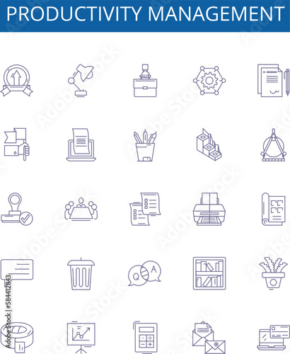 Productivity management line icons signs set. Design collection of Timekeeping, Efficiency, Prioritizing, Organizing, Targeting, Scheduling, Tracking, Measuring outline concept vector illustrations