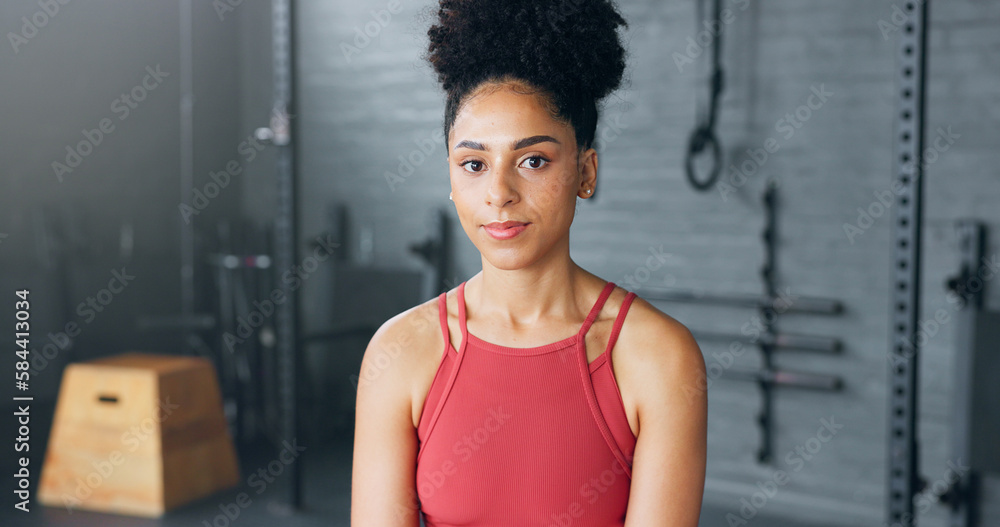 Exercise, motivation and portrait of black woman at the gym ready for ...
