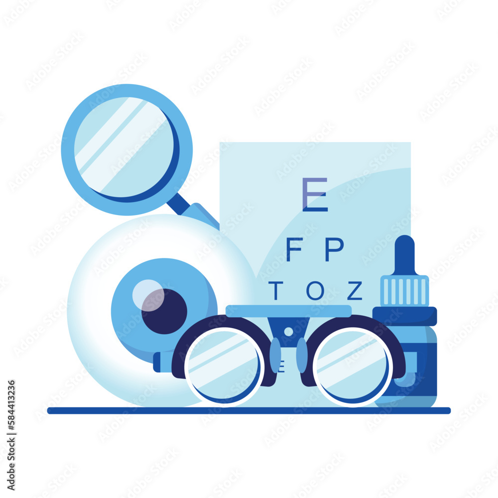 Ophthalmology set concept. Optometrist Checks Patient Eyesight. Optical Test for Eyes. Good Vision and Care. Ophthalmological Sight Examination and Treatment. Illustration isolated on white background Ophthalmology set concept. Optometrist Checks Patient Eyesight. Optical Test for Eyes. Good Vision and Care. Ophthalmological Sight Examination and Treatment. Illustration isolated on white background