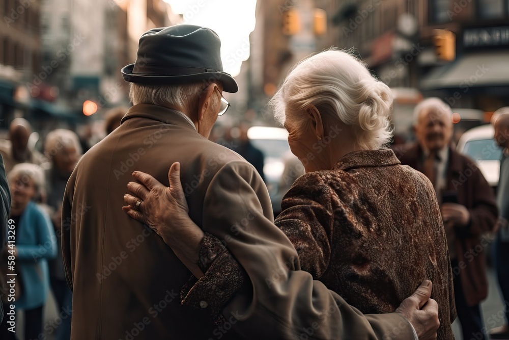 Senior romance, Active elderly couple holding each other on the street, generative ai