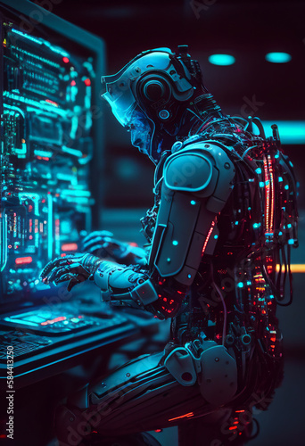 Robot office worker browsing the internet on his computer in his workspace facing a virtual environment with big data and an artificial intelligence, computer Generative AI stock illustration