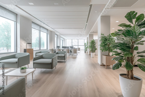 Large office lobby with white wall