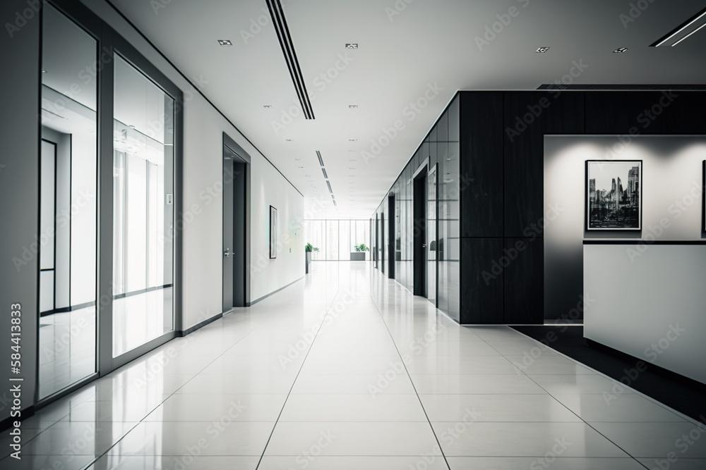 Office lobby withconference rooms who are located on side of a large white wall that is in the centre. Generative AI Office lobby withconference rooms who are located on side of a large white wall that is in the centre. Generative AI
